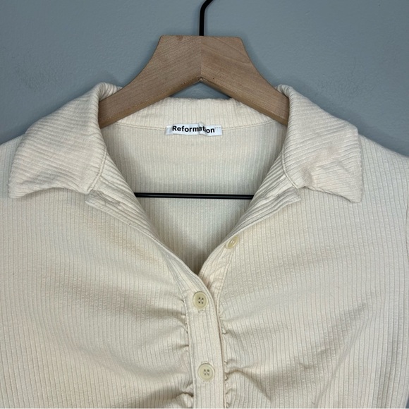 Reformation Cream Brantley Knit Ribbed Collared Top, Size Small - Picture 6 of 12